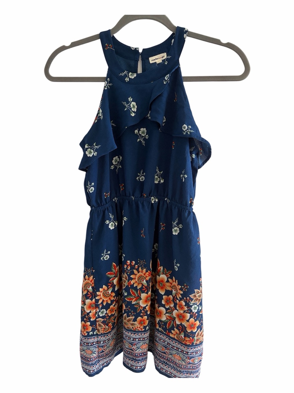 Monteau Navy Floral Halter Dress with Orange Border